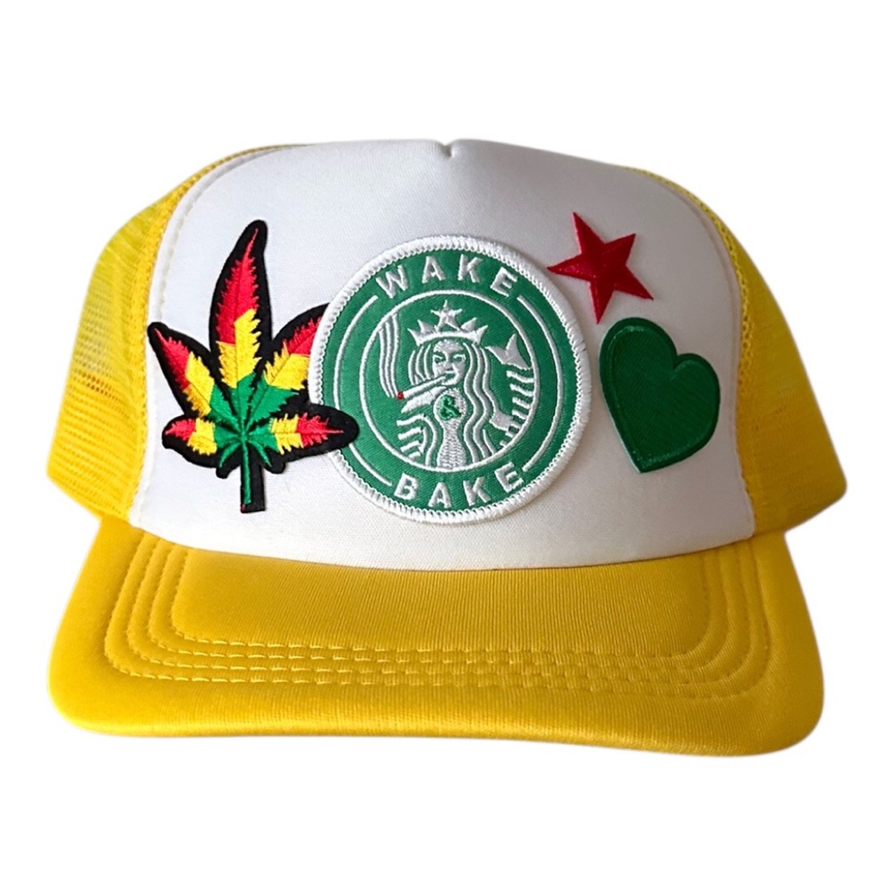 White and Yellow Trucker Hat with Patches